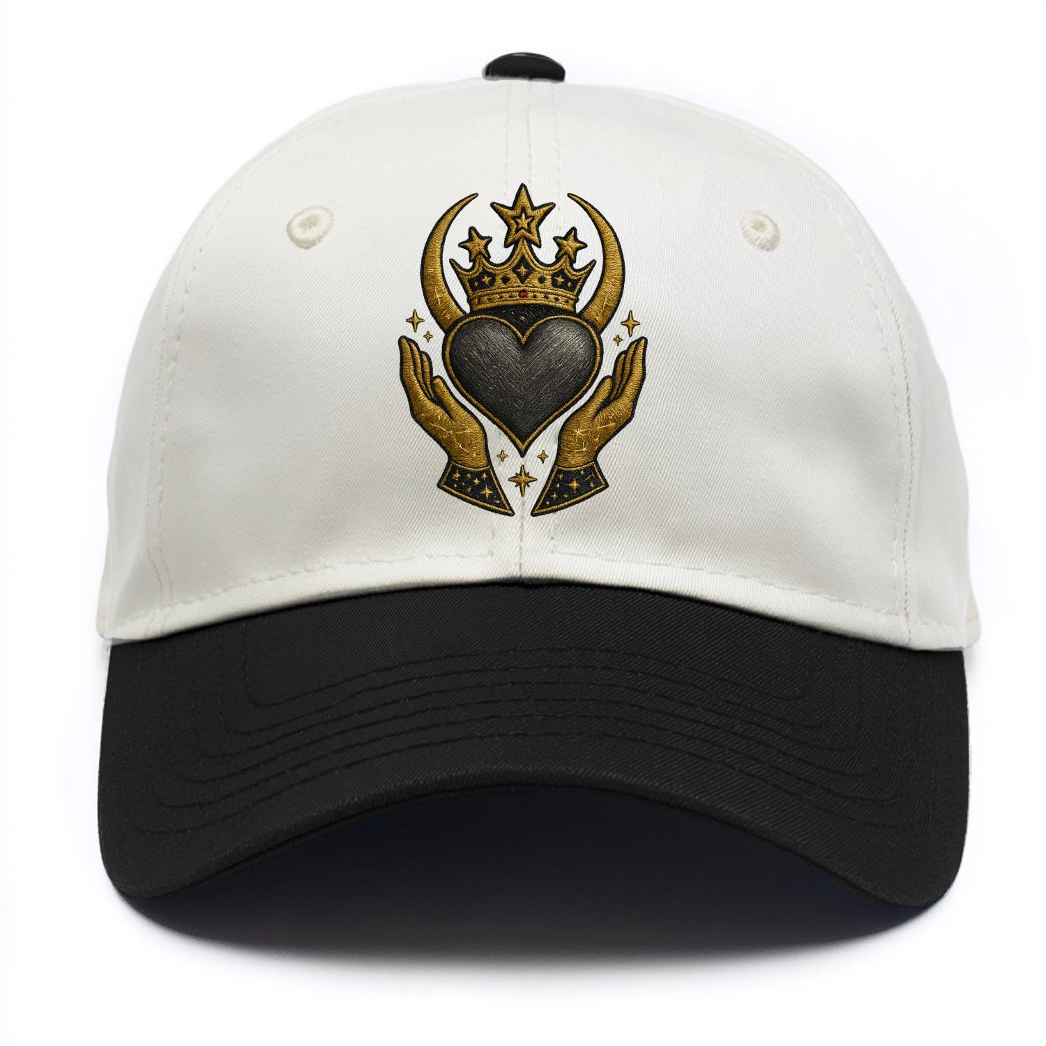 Celtic knot crown with woven strands merging into copper hands shielding a pewter - Two Tone Cap - Black