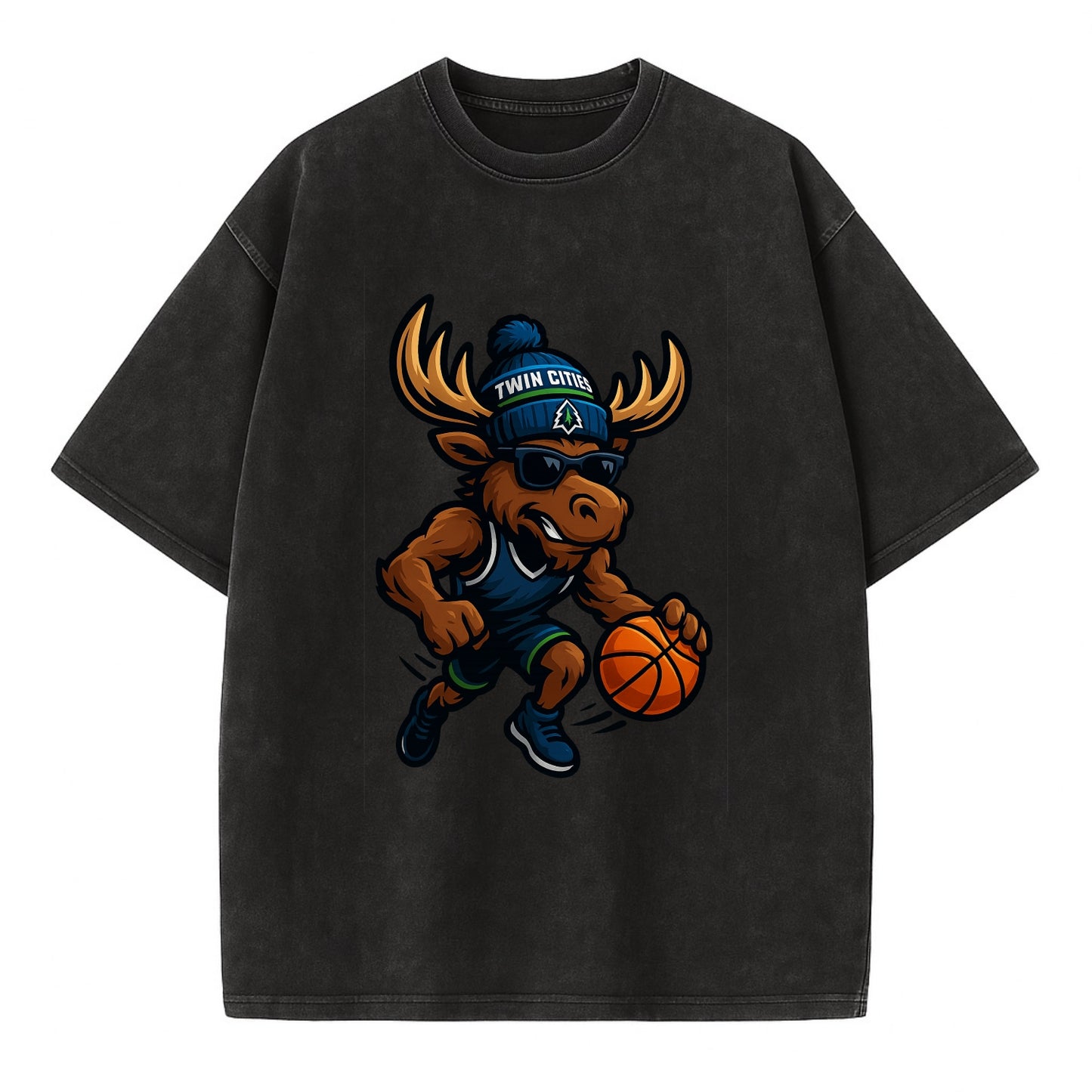 Twin Cities Moose wearing Timberwolves beanie with pine tree patch and wayfarer - Vintage T-shirt - Black