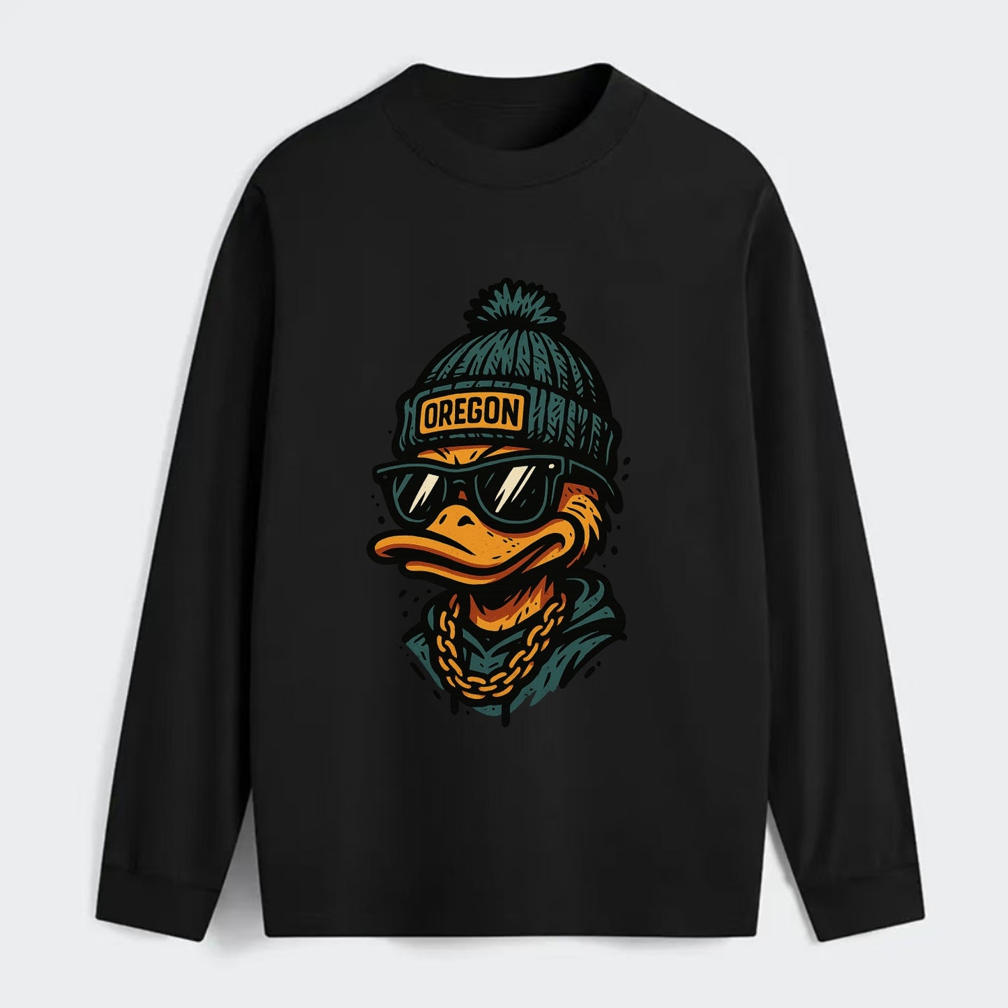 Eugene Duck wearing Oregon beanie with p - Classic Long Sleeve Shirt - Black