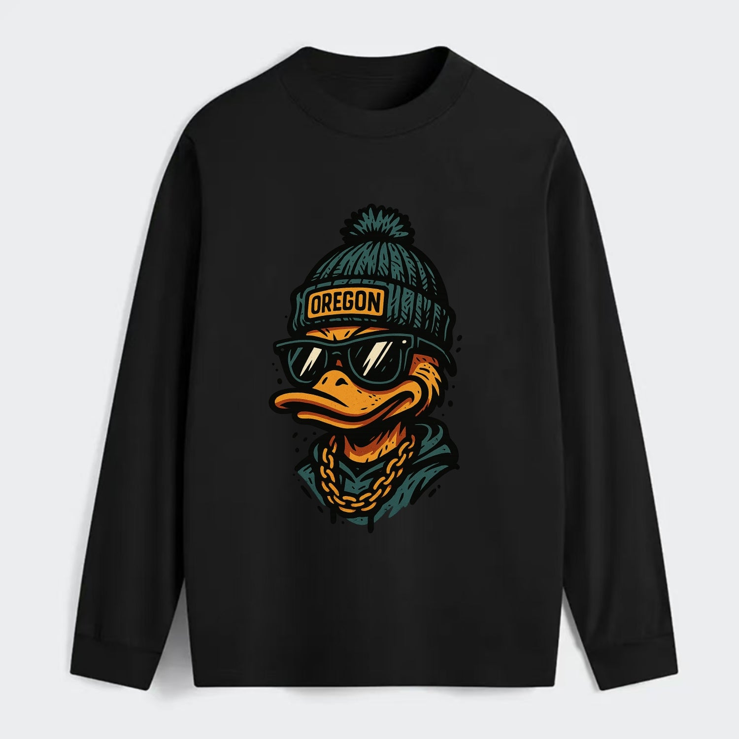 Eugene Duck wearing Oregon beanie with p - Classic Long Sleeve Shirt - Black