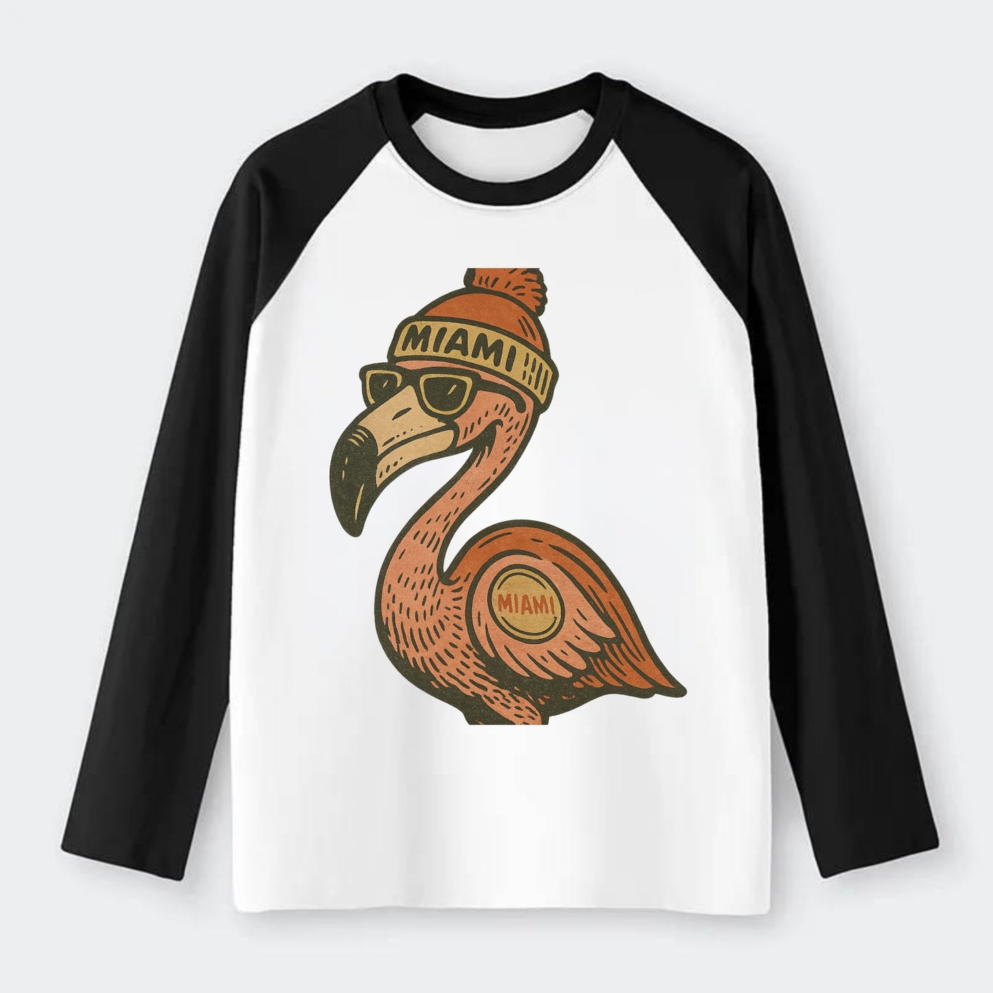 Miami Flamingo wearing Miami beanie with pom pom and wayfarer - Raglan Long Sleeve T-Shirt - Black