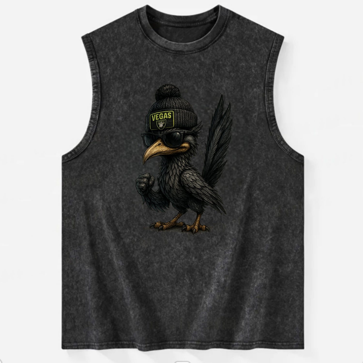 Vegas Roadrunner wearing Raiders beanie with neon patch and wayfarer - Vintage Washed Tank - Black