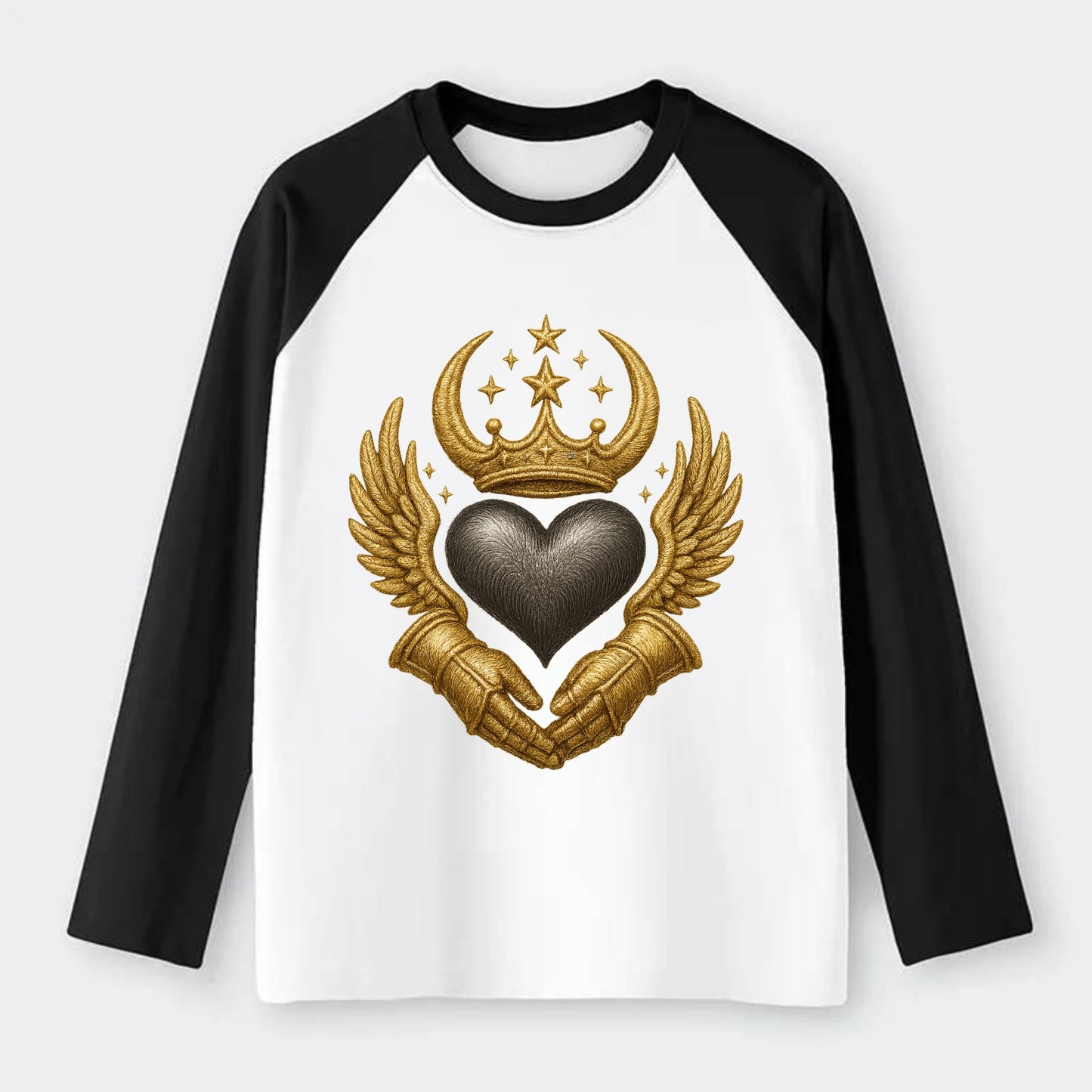 Nordic knotwork crown supporting a frosted steel heart with mittened - Raglan Long Sleeve T-Shirt - Black