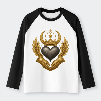 Nordic knotwork crown supporting a frosted steel heart with mittened - Raglan Long Sleeve T-Shirt - Black