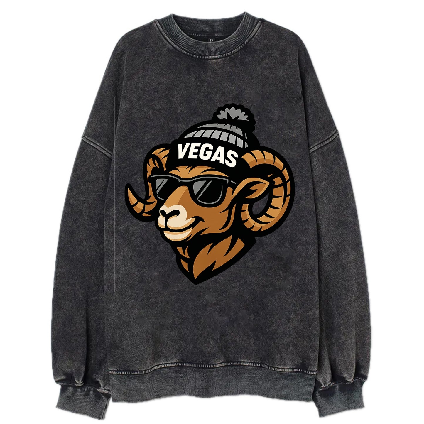 Vegas Desert Bighorn wearing Raiders silver and black beanie with pom pom and - Vintage Sweatshirt - Black