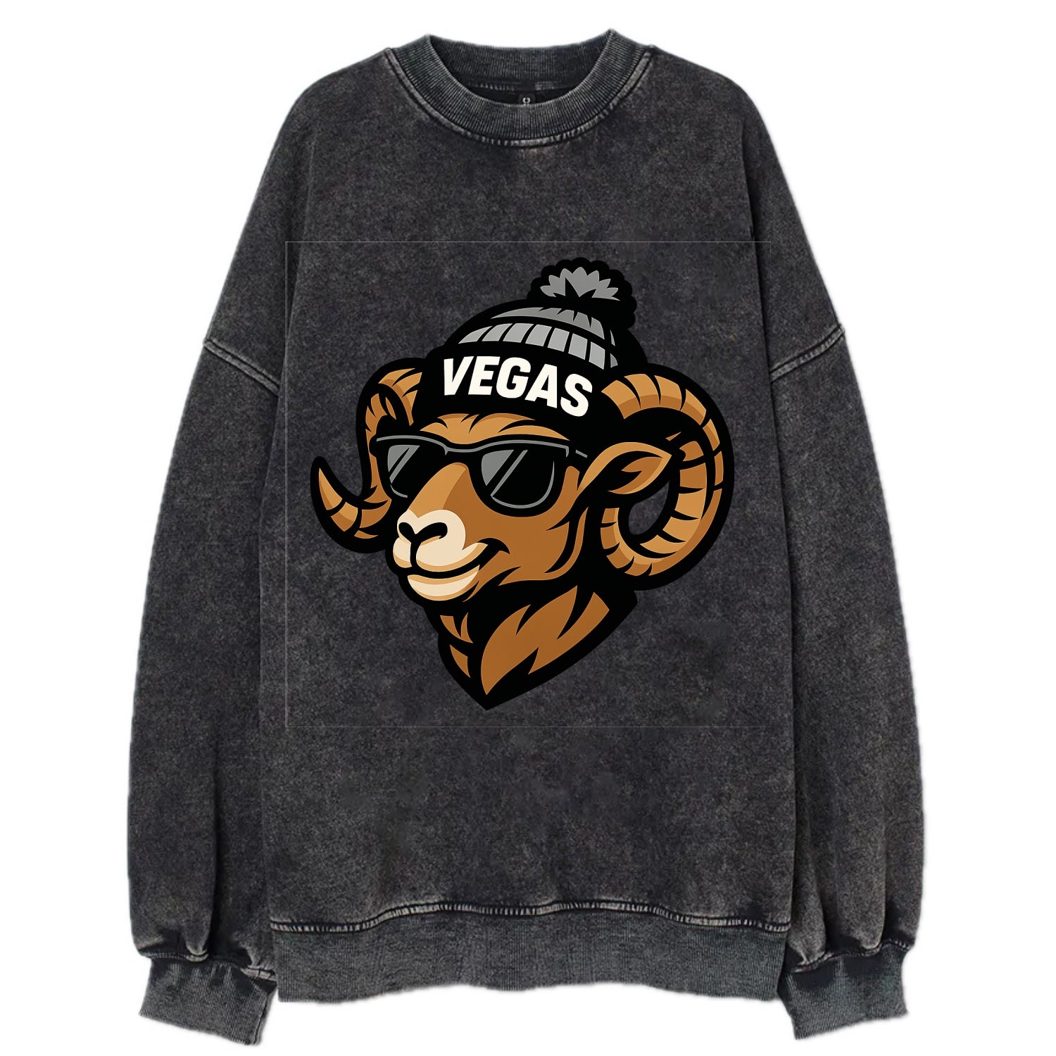 Vegas Desert Bighorn wearing Raiders silver and black beanie with pom pom and - Vintage Sweatshirt - Black