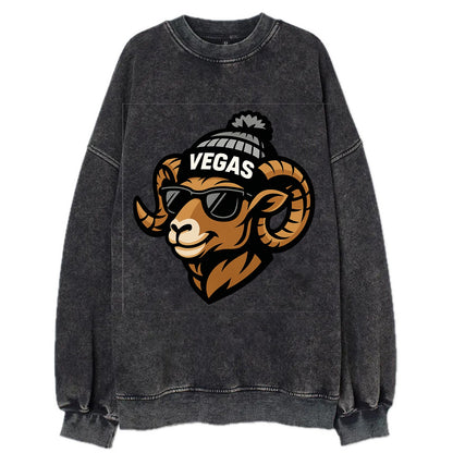 Vegas Desert Bighorn wearing Raiders silver and black beanie with pom pom and - Vintage Sweatshirt - Black