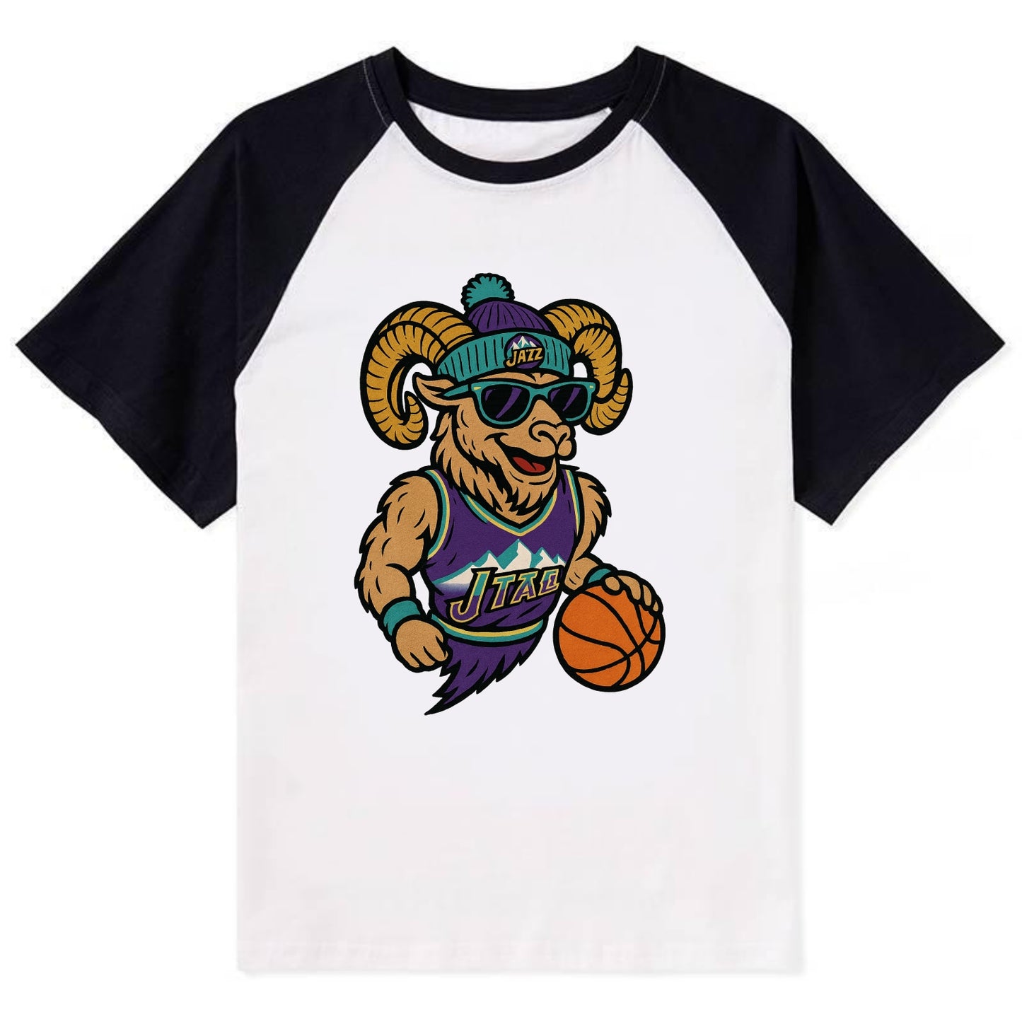 Utah Bighorn wearing Jazz beanie with mountain melody patch and wayfarer - Contrast Raglan T-shirt - Black