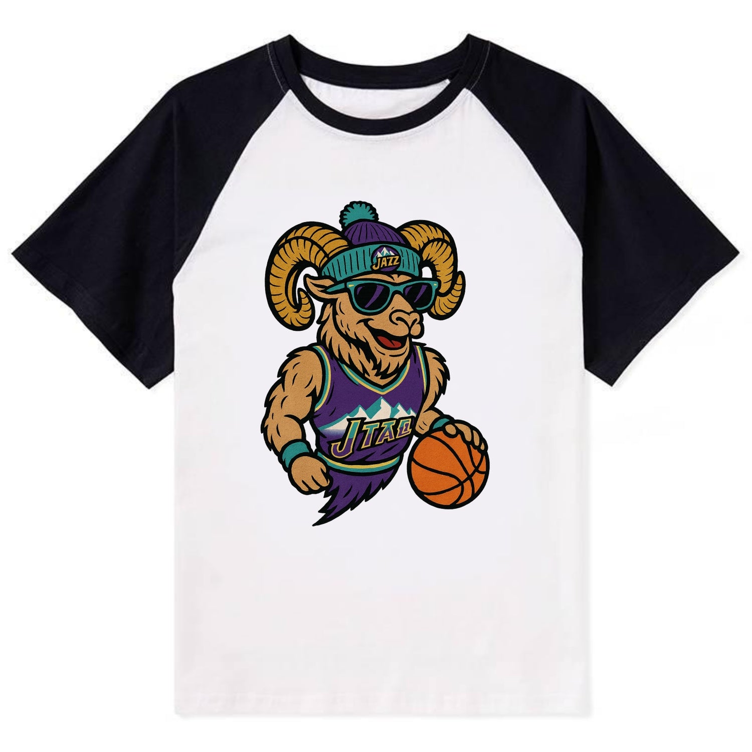 Utah Bighorn wearing Jazz beanie with mountain melody patch and wayfarer - Contrast Raglan T-shirt - Black