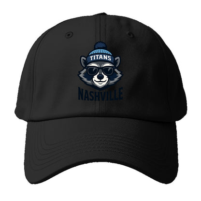 Nashville Raccoon wearing Titans navy and light blue beanie with pom - Baseball Cap For Big Heads - Black