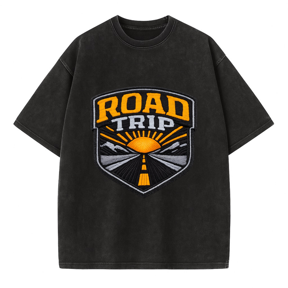 ROAD TRIP - highway and sun in orange and gray , open road - Vintage T-shirt - Black