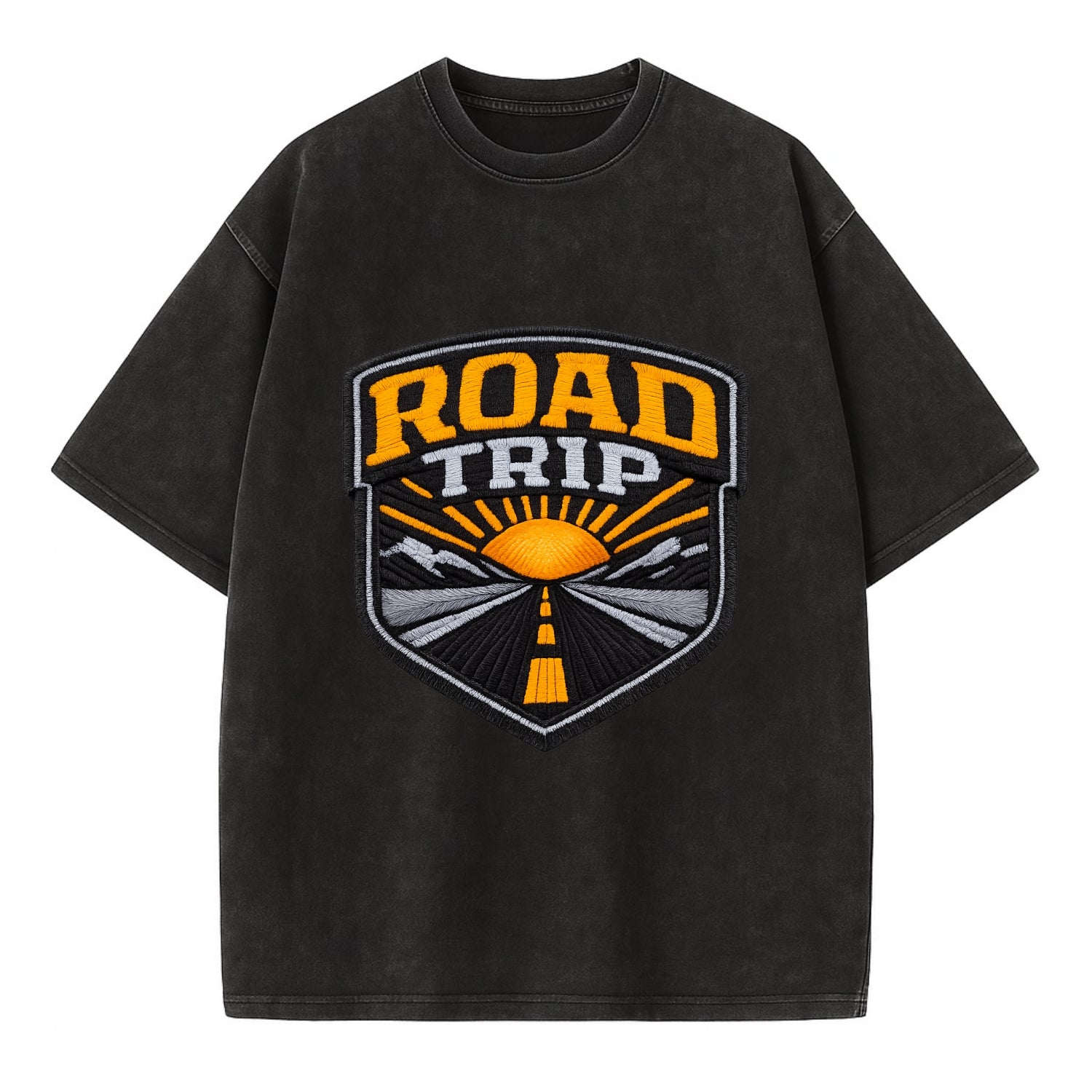 ROAD TRIP - highway and sun in orange and gray , open road - Vintage T-shirt - Black