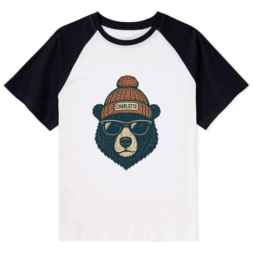 North Carolina Black Bear wearing Charlotte beanie with pom pom and - Contrast Raglan T-shirt