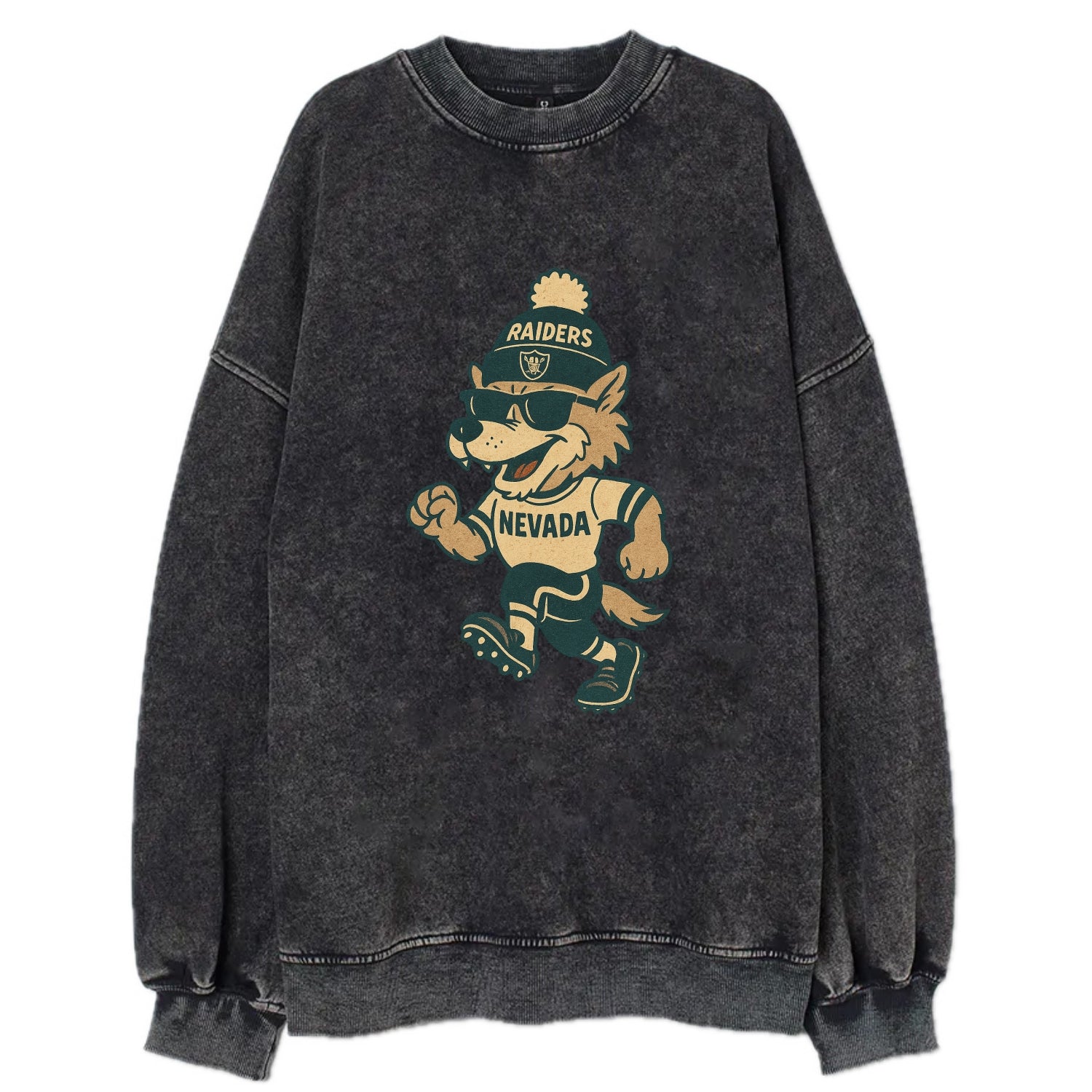 Nevada Wolf wearing Raiders beanie with outlaw patch and wayfarer sunglasses - Vintage Sweatshirt - Black