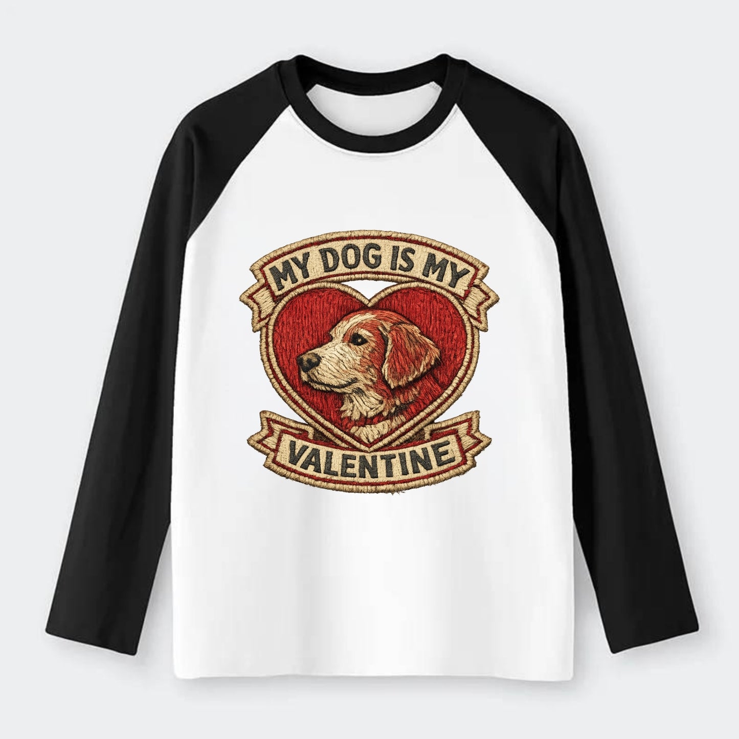 MY DOG IS MY VALENTINE - heart with dog in red , single pet owner - Raglan Long Sleeve T-Shirt - Black
