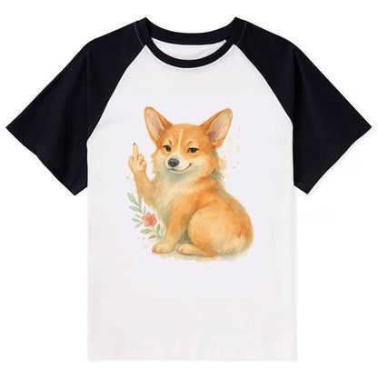 Corgi short legs and fluffy butt, one stubby paw up with sass - Contrast Raglan T-shirt - Black
