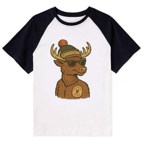 Edmonton Elk wearing Edmonton beanie with pom pom and wayfarer sunglasses - Contrast Raglan T-shirt