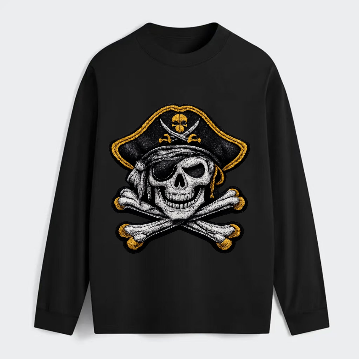 PIRATE SKULL - Jolly Roger skull in black and white , pirate - Classic Long Sleeve Shirt - Black