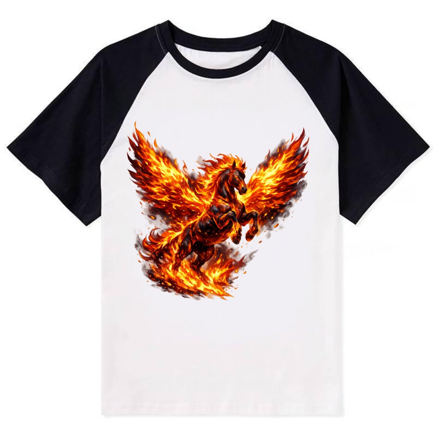 PHOENIX FIRE HORSE | Horse emerging from flames like phoenix | Rebirth - Contrast Raglan T-shirt - Black