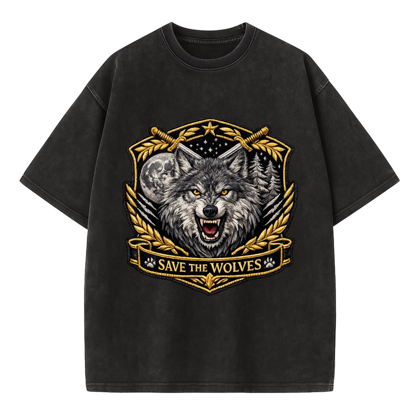 SAVE THE WOLVES - wolf moon in gray , predator protection - Vintage T-shirt - Black