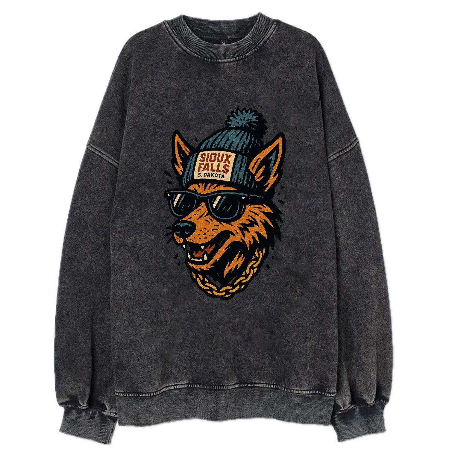 South Dakota Coyote wearing Sioux Falls beanie with pom pom and wayfarer - Vintage Sweatshirt - Black