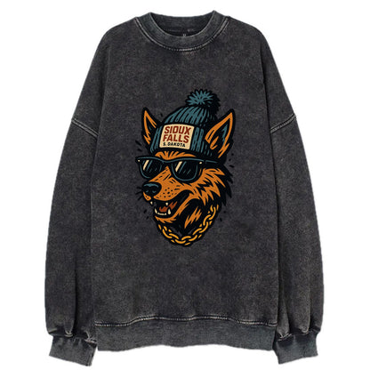 South Dakota Coyote wearing Sioux Falls beanie with pom pom and wayfarer - Vintage Sweatshirt - Black