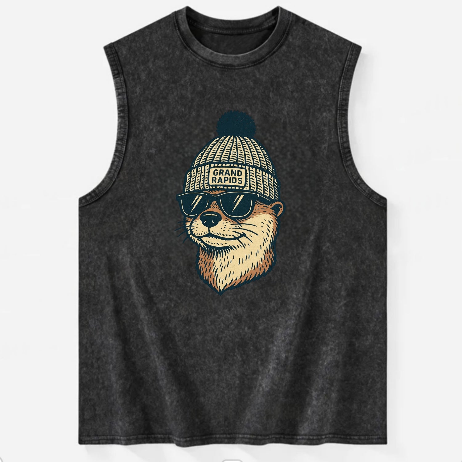 Grand Rapids River Otter wearing Grand Rapids beanie with pom pom and - Vintage Washed Tank - Black