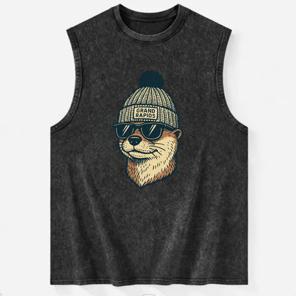 Grand Rapids River Otter wearing Grand Rapids beanie with pom pom and - Vintage Washed Tank - Black