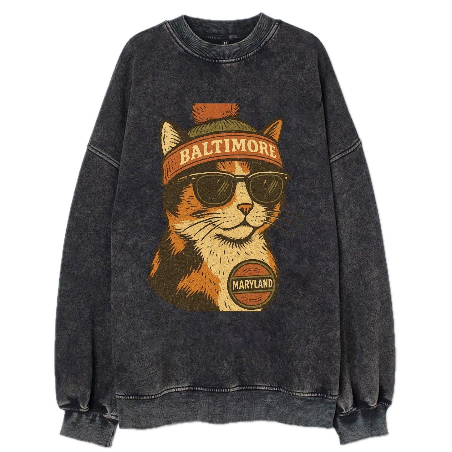 Maryland Calico Cat wearing Baltimore beanie with pom pom and wayfarer - Vintage Sweatshirt - Black