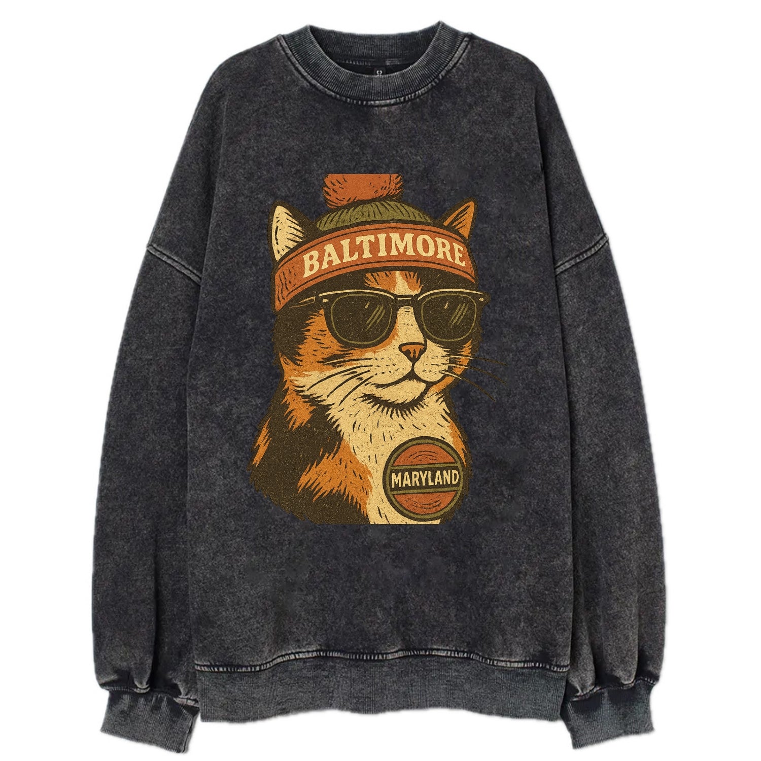 Maryland Calico Cat wearing Baltimore beanie with pom pom and wayfarer - Vintage Sweatshirt - Black