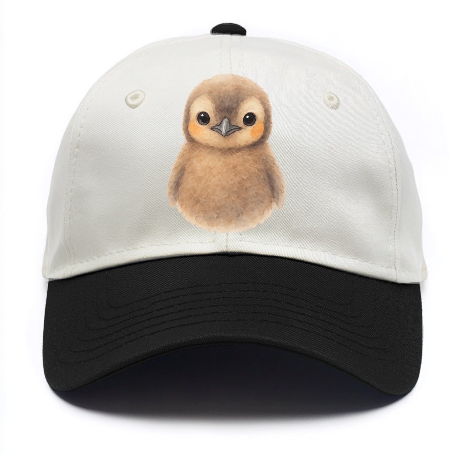 Baby King Penguin - orange cheek patches, fluffy brown, large eyes, front-facing, - Two Tone Cap - Black