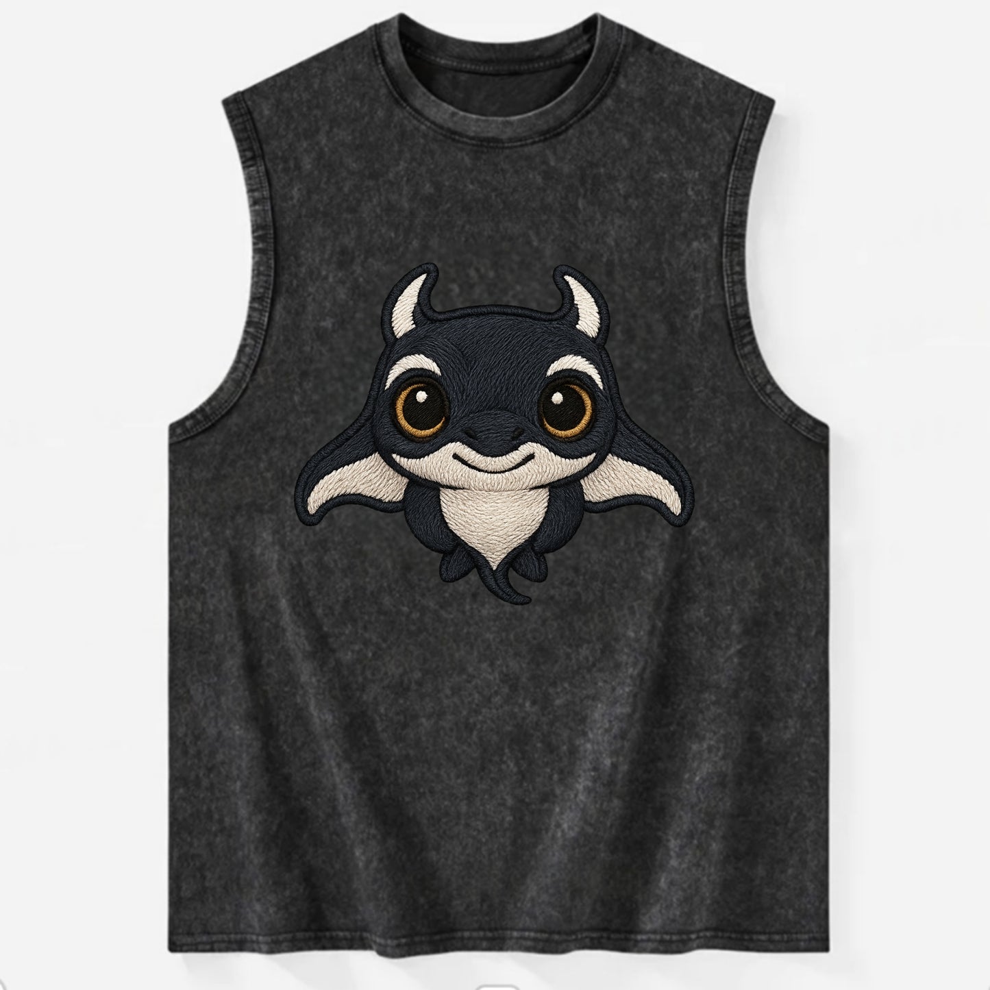 Baby Manta Ray - dark with white markings, cephalic fins, gentle eyes, - Vintage Washed Tank - Black