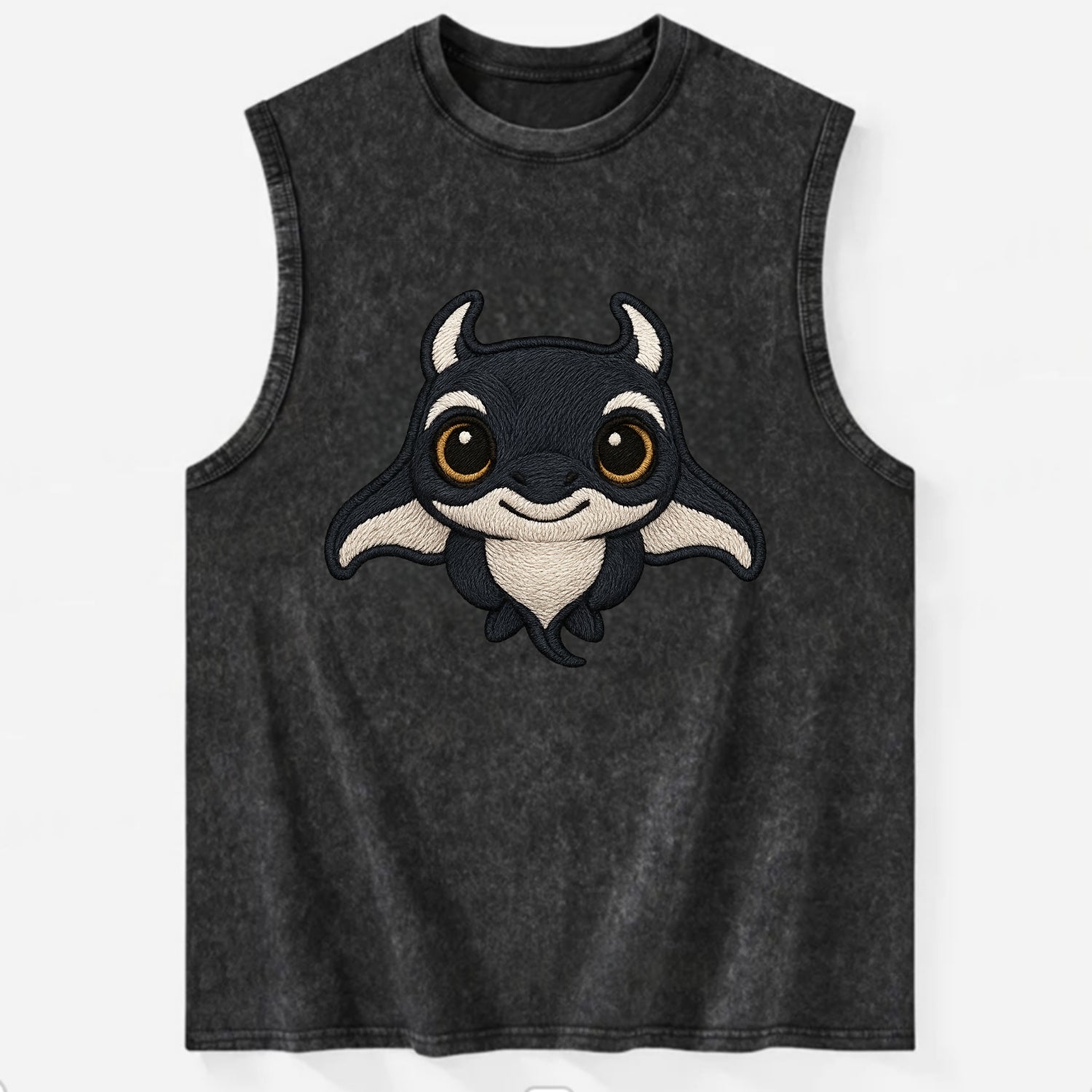 Baby Manta Ray - dark with white markings, cephalic fins, gentle eyes, - Vintage Washed Tank - Black