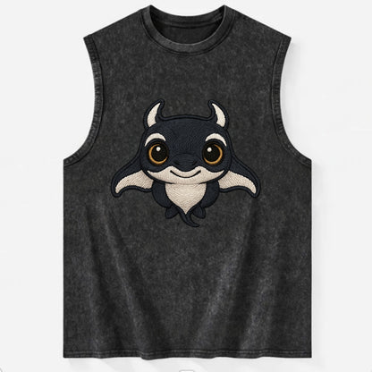 Baby Manta Ray - dark with white markings, cephalic fins, gentle eyes, - Vintage Washed Tank - Black