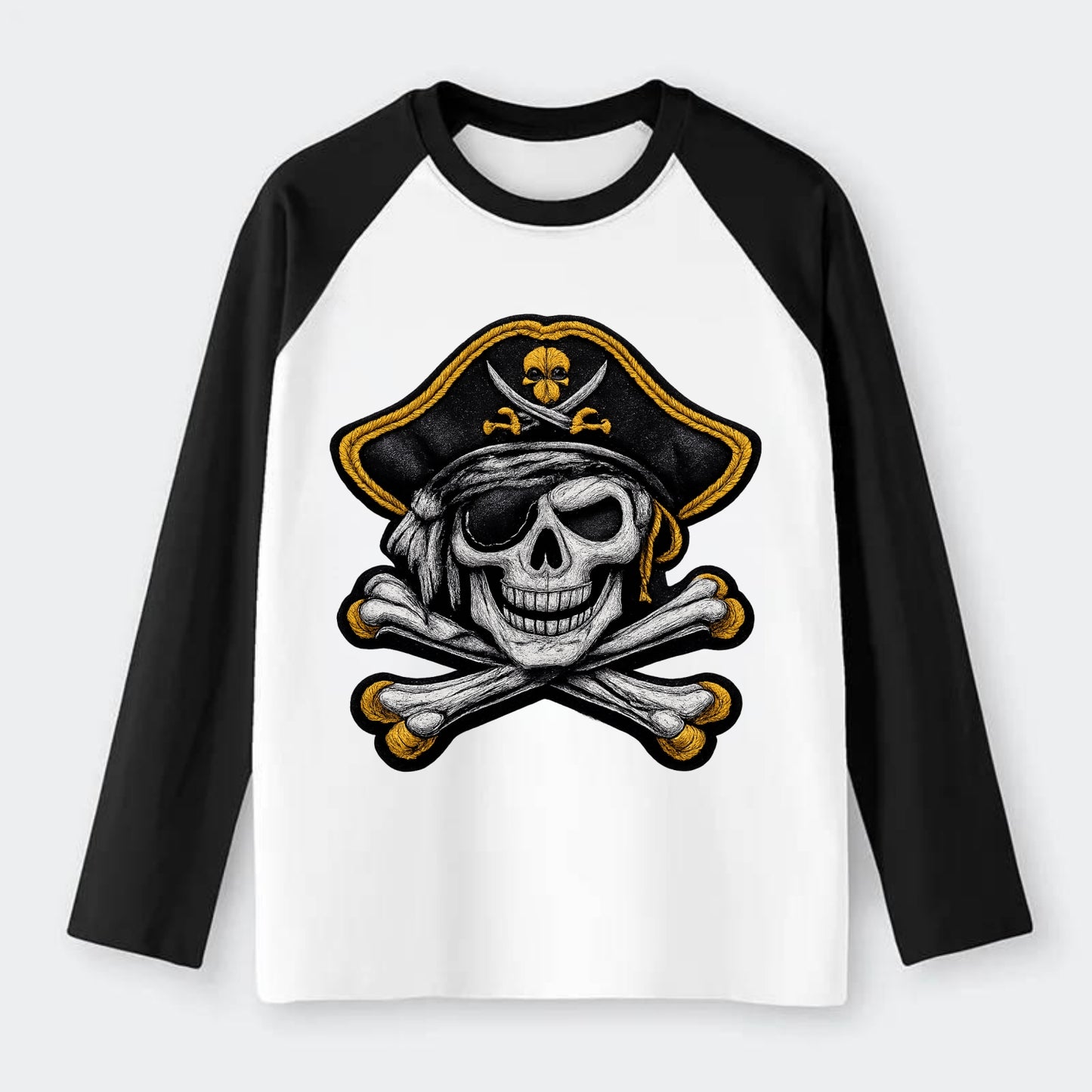 PIRATE SKULL - Jolly Roger skull in black and white , pirate - Raglan Long Sleeve T-Shirt - Black