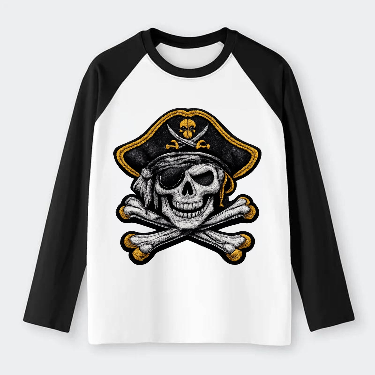 PIRATE SKULL - Jolly Roger skull in black and white , pirate - Raglan Long Sleeve T-Shirt - Black