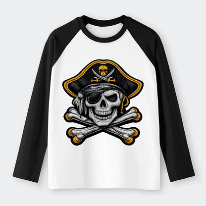 PIRATE SKULL - Jolly Roger skull in black and white , pirate - Raglan Long Sleeve T-Shirt - Black