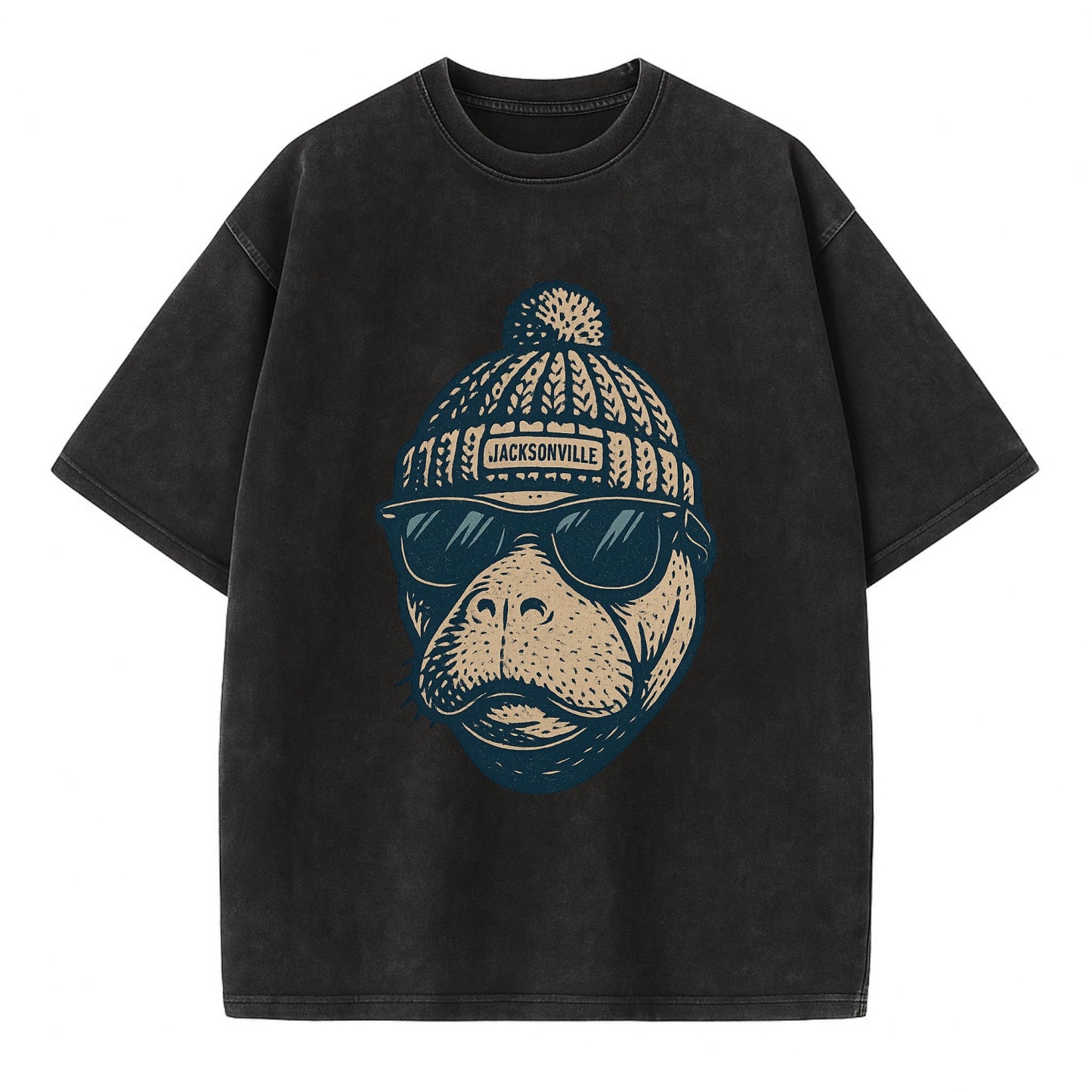 Jacksonville Manatee wearing Jacksonville beanie with pom pom and wayfarer - Vintage T-shirt - Black