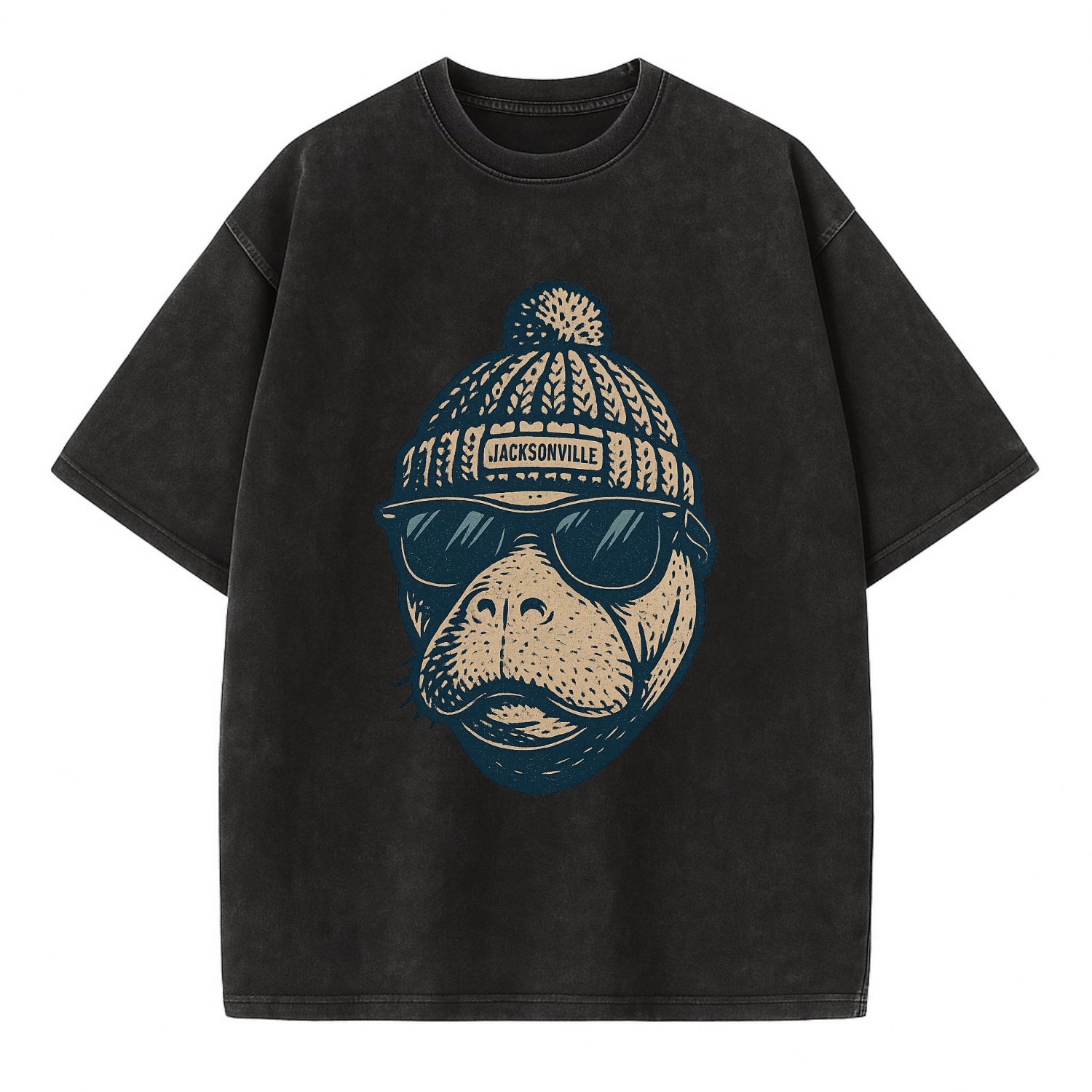 Jacksonville Manatee wearing Jacksonville beanie with pom pom and wayfarer - Vintage T-shirt - Black