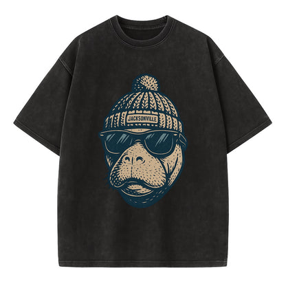 Jacksonville Manatee wearing Jacksonville beanie with pom pom and wayfarer - Vintage T-shirt - Black