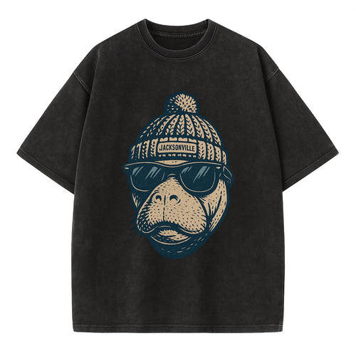 Jacksonville Manatee wearing Jacksonville beanie with pom pom and wayfarer - Vintage T-shirt