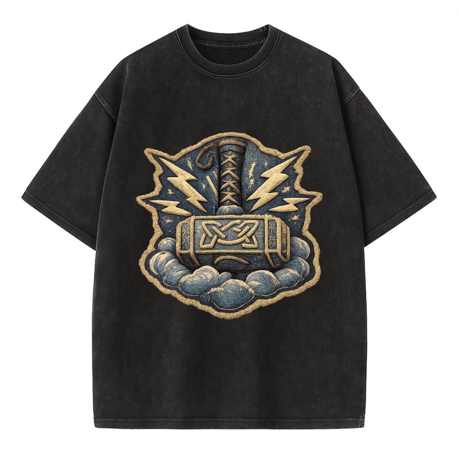 THOR HAMMER MJOLNIR - mighty hammer in silver and blue , thunder god - Vintage T-shirt - Black