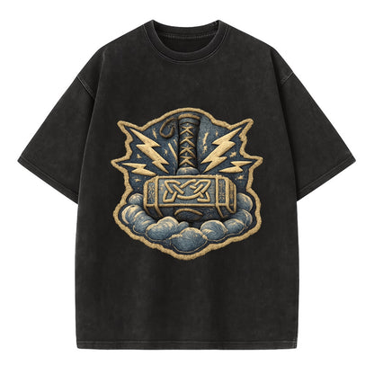 THOR HAMMER MJOLNIR - mighty hammer in silver and blue , thunder god - Vintage T-shirt - Black