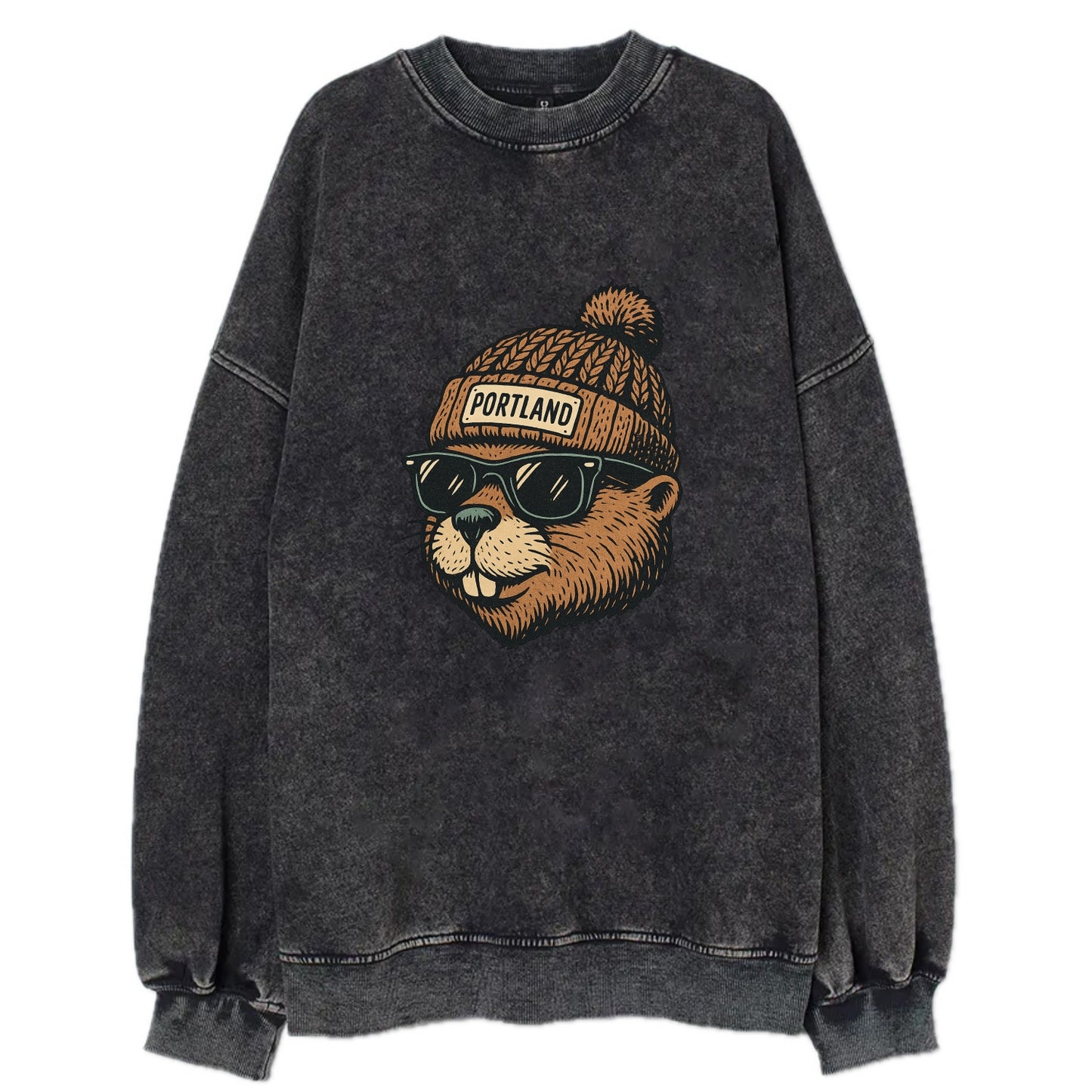 Portland Beaver wearing Portland beanie with pom pom and wayfarer sunglasses - Vintage Sweatshirt - Black