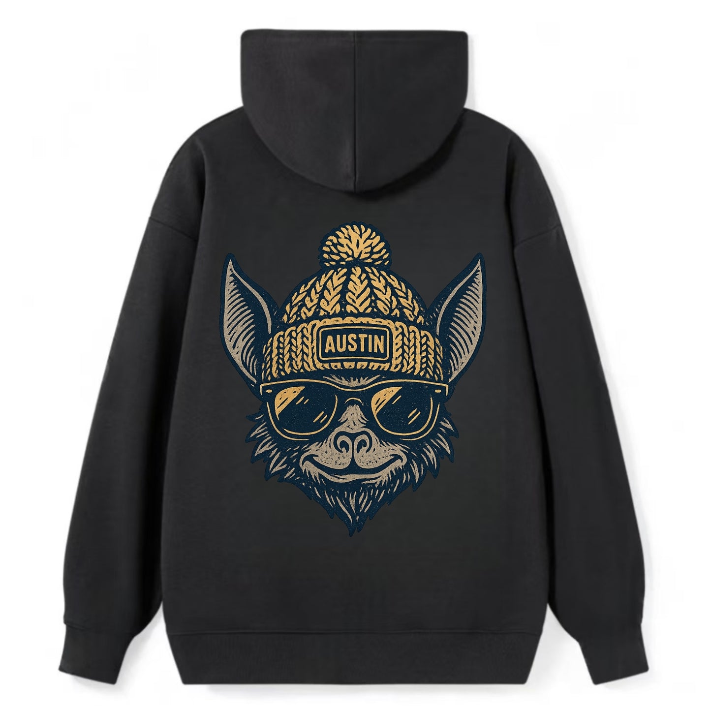 Austin Bat wearing Austin beanie with pom pom and wayfarer sunglasses - Classic Pullover Hoodie - Black