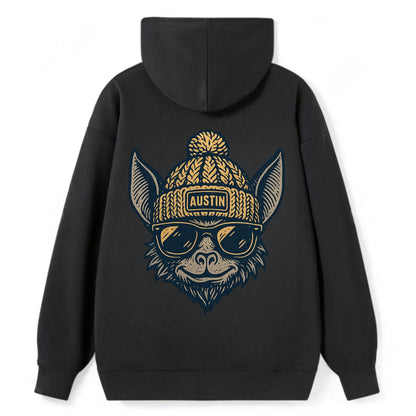Austin Bat wearing Austin beanie with pom pom and wayfarer sunglasses - Classic Pullover Hoodie - Black