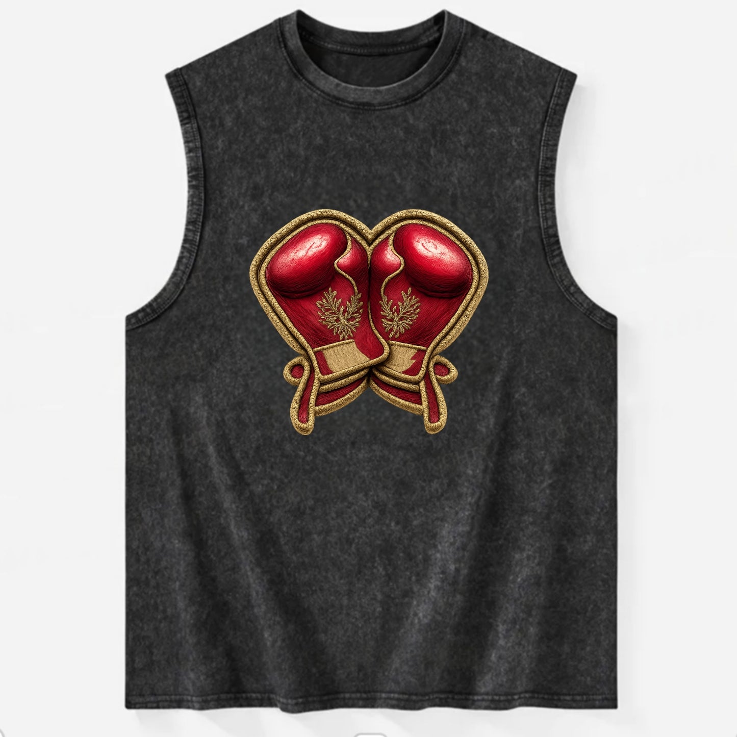 Embroidered patch design - BOXING GLOVES - red boxing gloves crossed in - Vintage Washed Tank - Black