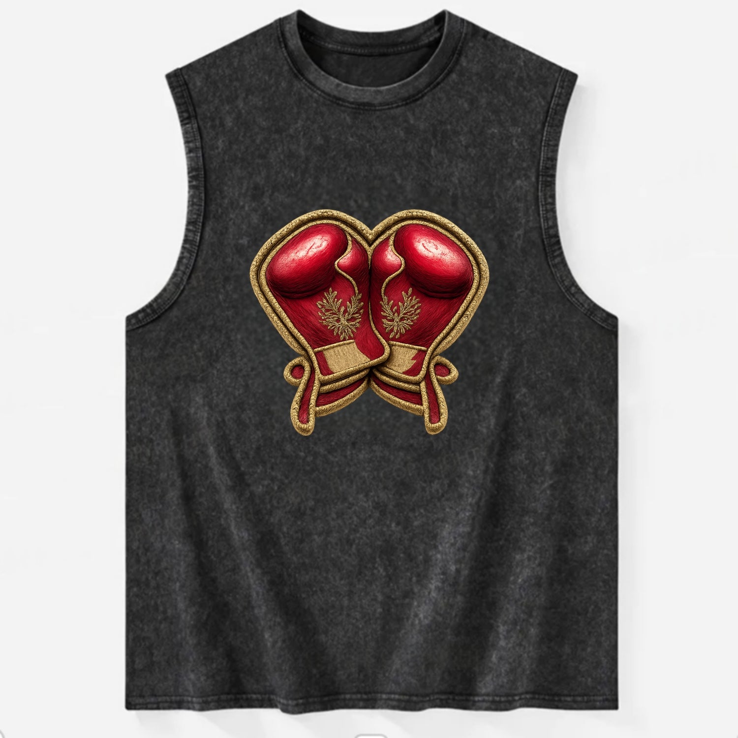 Embroidered patch design - BOXING GLOVES - red boxing gloves crossed in - Vintage Washed Tank - Black