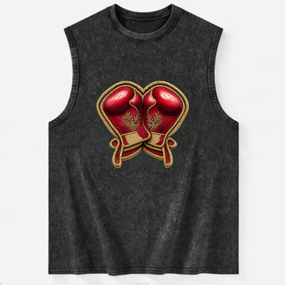 Embroidered patch design - BOXING GLOVES - red boxing gloves crossed in - Vintage Washed Tank - Black