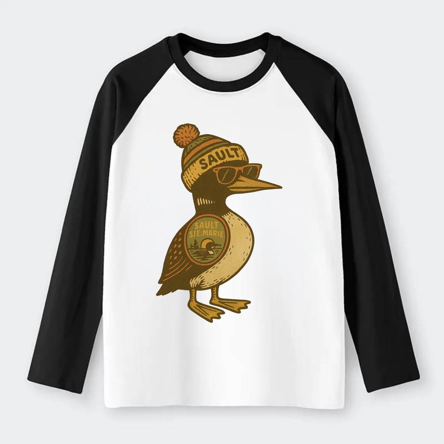 Sault Ste Marie Loon wearing Sault beani - Raglan Long Sleeve T-Shirt - Black